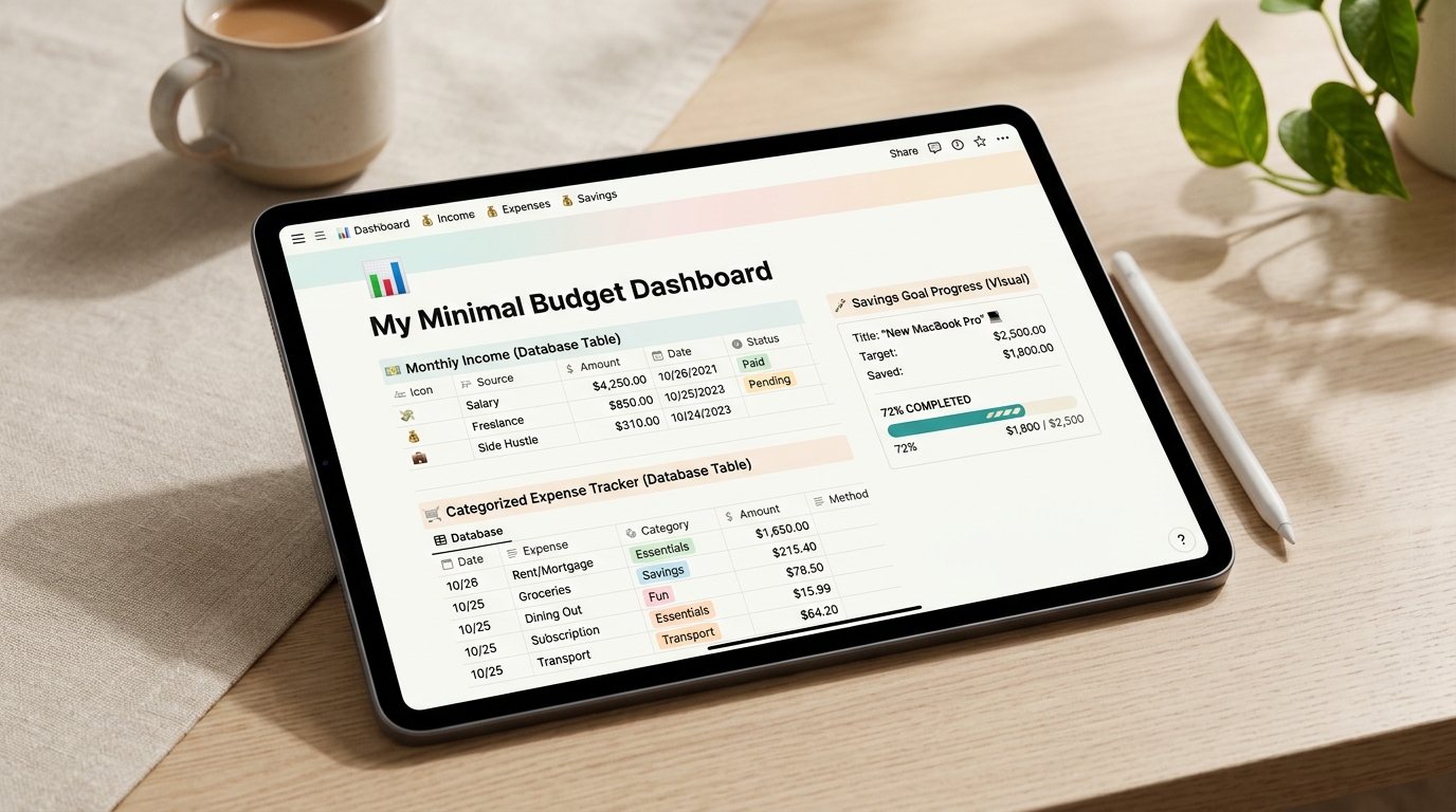 Mini Notion Budget Dashboard preview on tablet